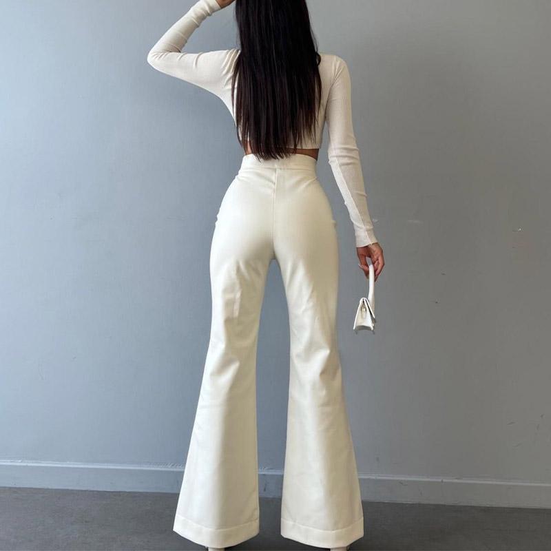 Fashion Sexy Bandage Leather Flare Pants Women High Waist Hip Package Zipper Trousers Female Autumn Pant