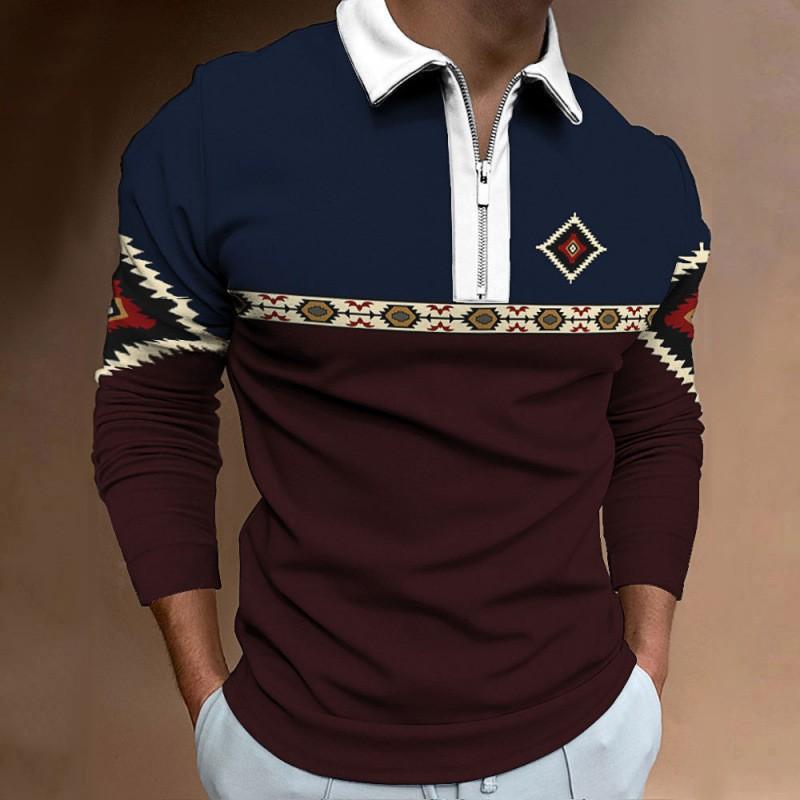 New Men's Cross-border Amazon Zipper Casual Slim Fit Men's Striped Digital Printed Long Sleeved Polo