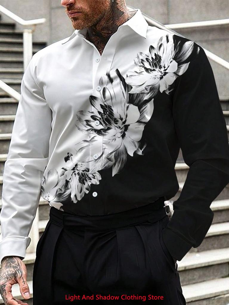 Мужская рубашка с цветочным принтом, длинным рукавом, в стиле business casual, уличная мода, для социальных мероприятий, удобная, однобортная, с воротником