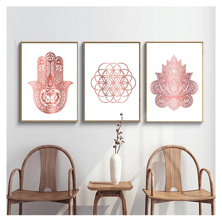 Настенная живопись, украшение, картина, современный декор комнаты, йога, художественный принт, розовое золото, настенное искусство, постер «Цветок жизни», холст, картина Хамса