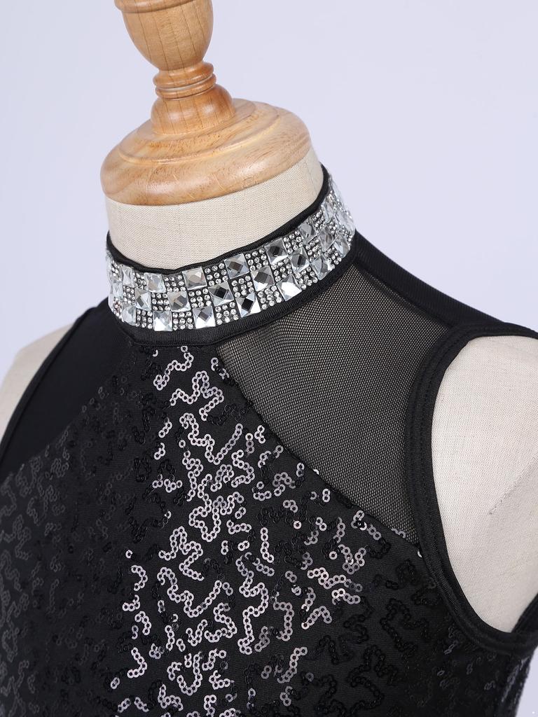 Kids Girls Dance Leotard Sleeveless Mesh Patchwork Sequins Tassel Hem Bodysuit for Latin Jazz Dance