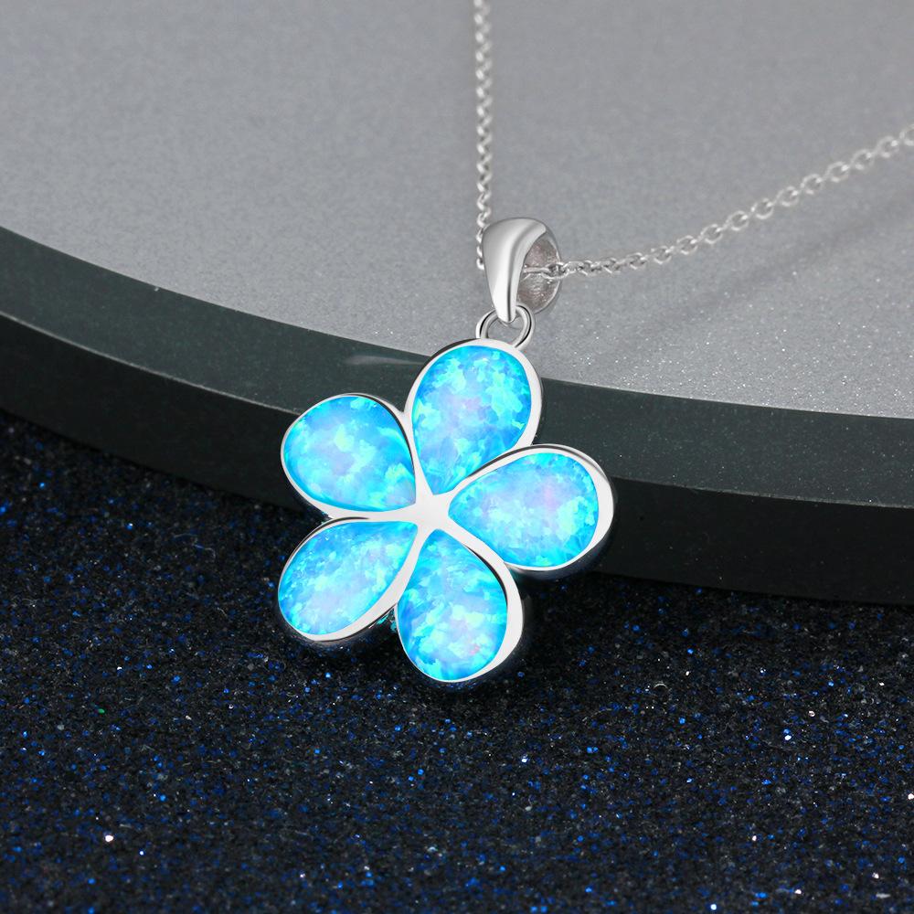Boho Fashion Flower Pendant Necklace for Women Girl Charm Blue Imitation Opal Necklace Trendy Wedding Party Jewelry
