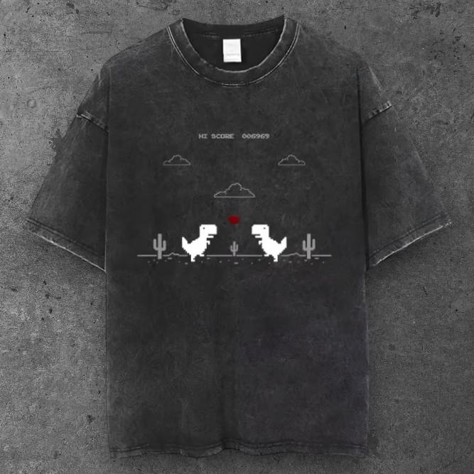 Unisex Pixel Dino Game Oversized T Shirt Washed Black Retro Aesthetic S-3XL