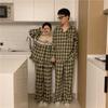 Korean Autumn/Winter Flannel Plaid Couple Pajamas with Lace V-Neck Long Sleeves