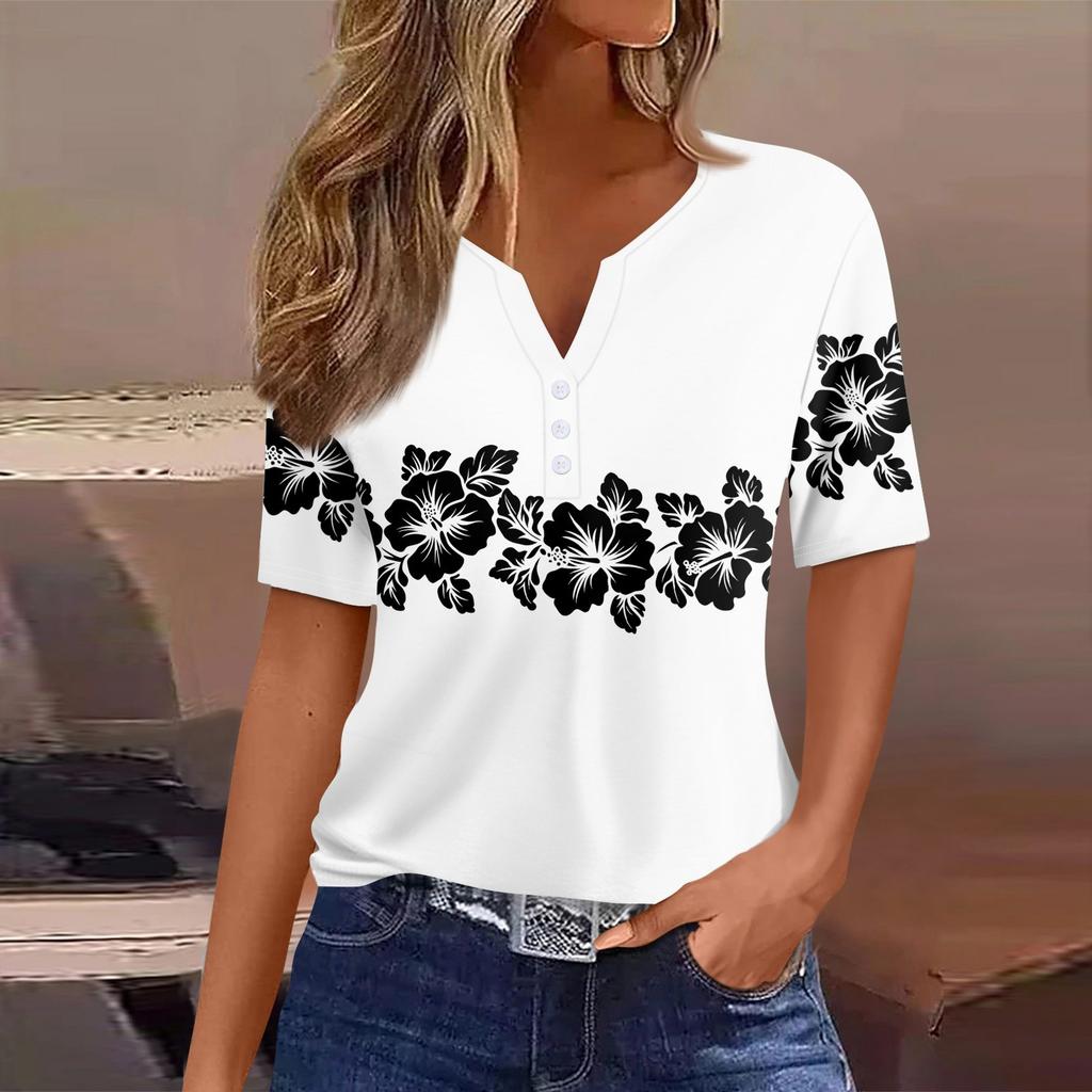 Женская повседневная футболка с коротким рукавом и V-образным вырезом, декоративная отделка пуговицами