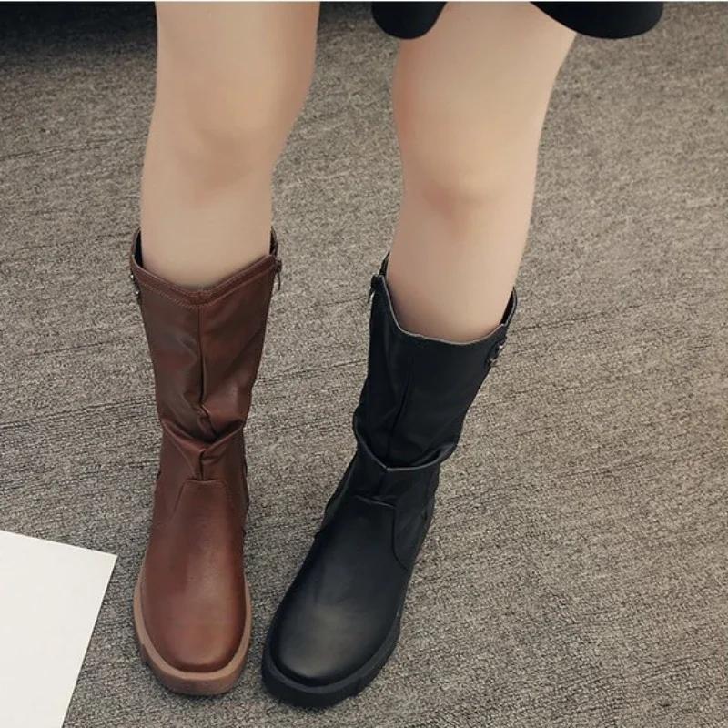 Women's Ankle Boots Side Zipper Mid Calf Thick Sole Boots Soft PU Leather Boots Fashion Womens Shoes Versatile Zapatos De Mujer