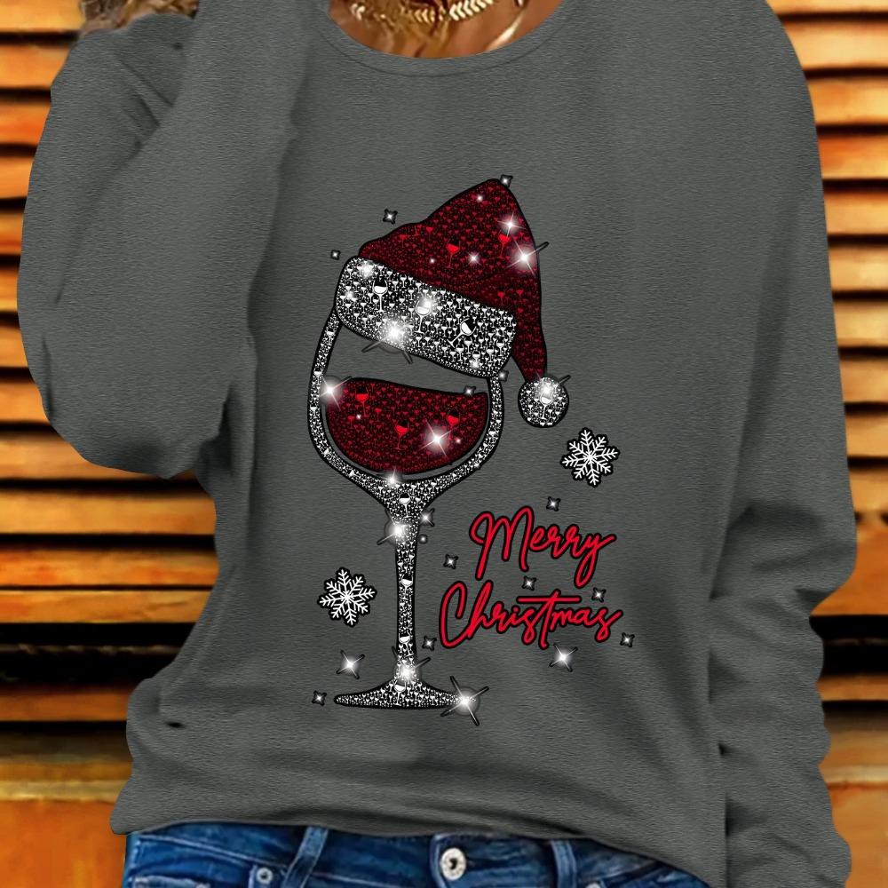 Свитшот с принтом бокала для черного Рождества и шапки Санты - Сверкающий узор из снежинок и леденцов, топ с длинным рукавом