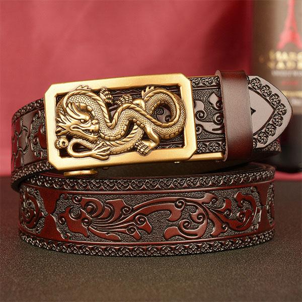 Male Belt Genuine Leather Belt for Men Carving Flower Pattern Animal Dragon Gold Automatic Buckle Belt Strap for Jeans