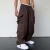 Men Cargo Pants Multi Pocket Oversized Solid Color Elastic High Waist Deep Crotch Ankle-banded Soft Breathable Hip Hop