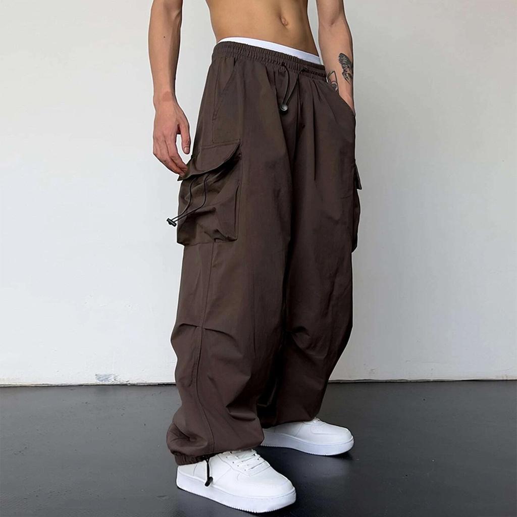 Men Cargo Pants Multi Pocket Oversized Solid Color Elastic High Waist Deep Crotch Ankle-banded Soft Breathable Hip Hop