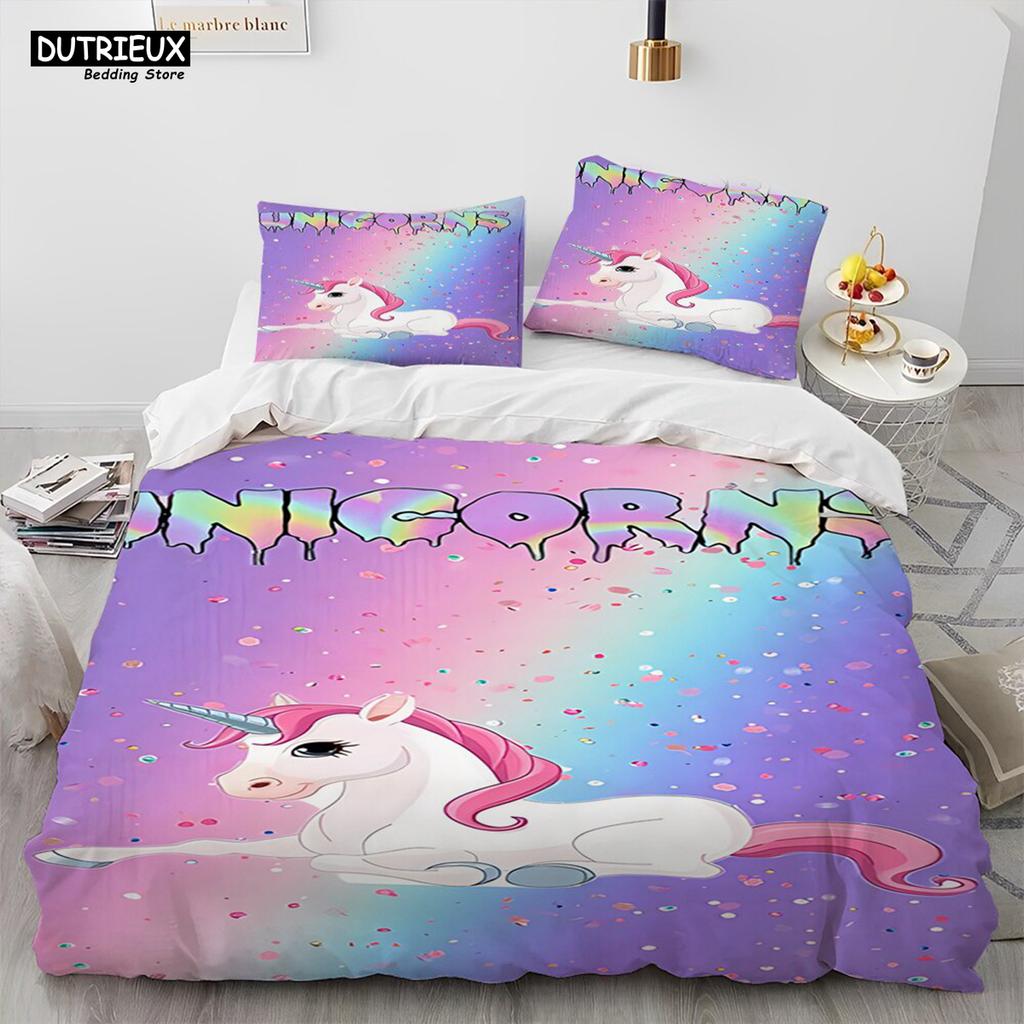 Unicorn Cute Cartoon Comforter Bedding Set,Duvet Cover Bed Set Quilt Cover Pillowcase,Queen Bedding Set For Child Boy Girl Gift