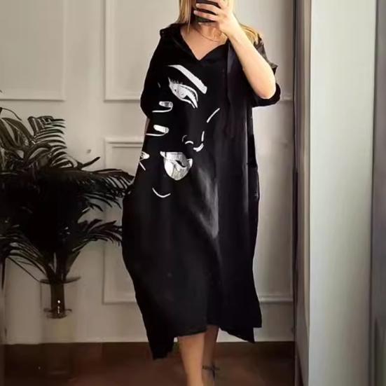 Женское платье с принтом лица, свободное платье с капюшоном и шнурком в богемном стиле с короткими рукавами, городской стиль, пуловер с разрезом по краю и боковым карманом, платье миди длиной до середины икры