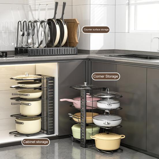 Многоярусный регулируемый органайзер для сковородок, стойка для хранения посуды, держатель для кастрюль и сковородок, подставка для сотейника для кухонной столешницы и шкафа
