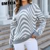 Женская мода, повседневный полосатый принт, осень-зима, свободные свитера с длинным рукавом и круглым вырезом