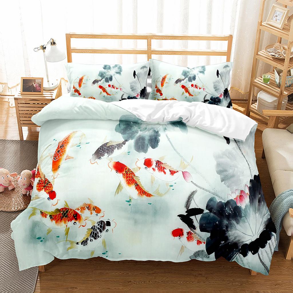 Fish Duvet Cover Set Koi Carp Pattern Polyester Comforter Cover King Queen Full Size for Kids Teens Bedding Set with Pillowcase