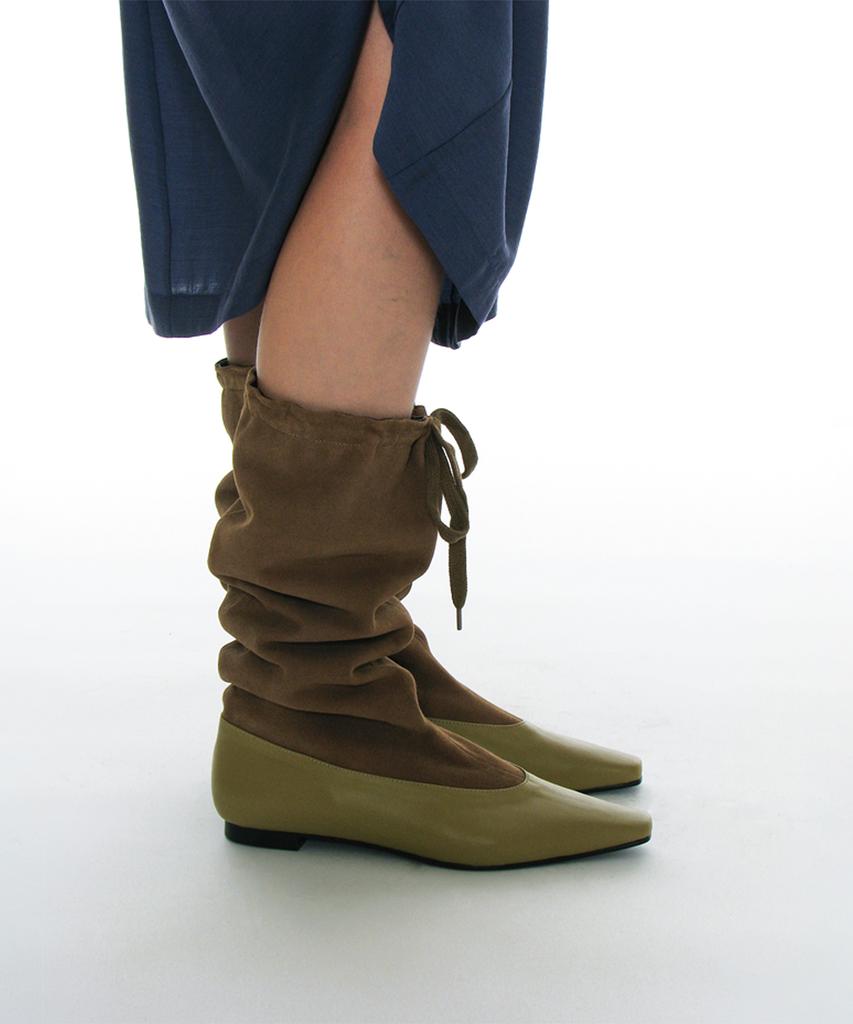 Partimento Women Drawstring Leather Slouch Tall Boots_Olive