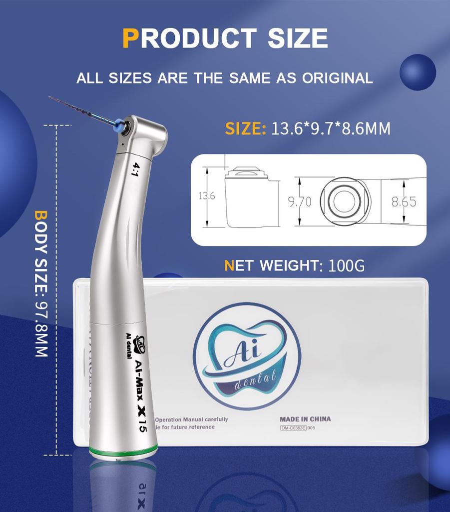 Стоматологический низкоскоростной наконечник AI-X15 Зеленое кольцо 4:1 угол снижения скорости одиночного распыления воды не оптический противоположный для лечения корневых каналов