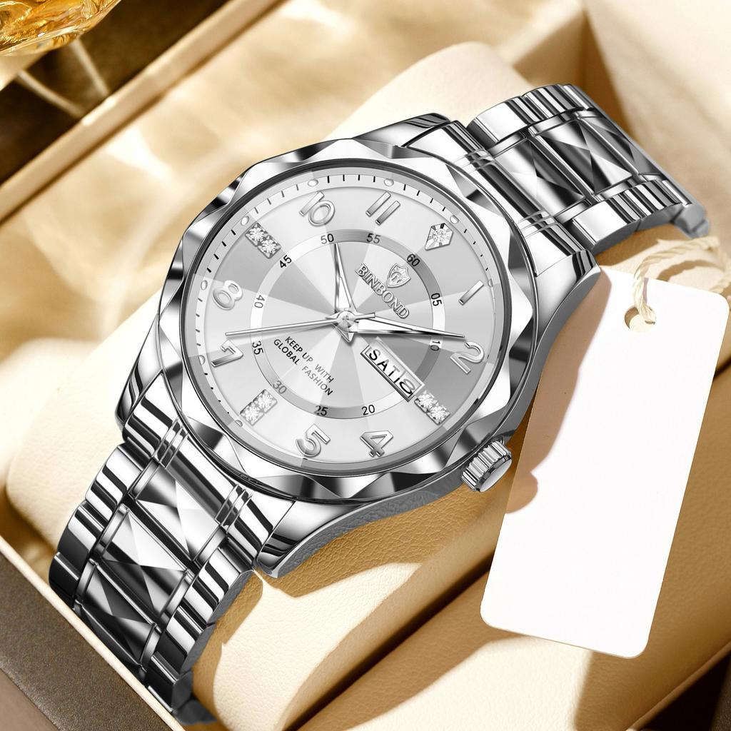 BINBOND Luxury Men Quartz Watch Waterproof Date Week Luminous Wristwatch Stainless Steel Men's Watches Male Clock