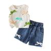 Girls' Fashionable Outfit - Summer Children's Simple T-shirt, Bow Tie Denim Shorts Set