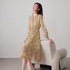 Black fungus edge leading long sleeved floral dress 2026 spring fashion versatile waist cinching slimming mid length skirt