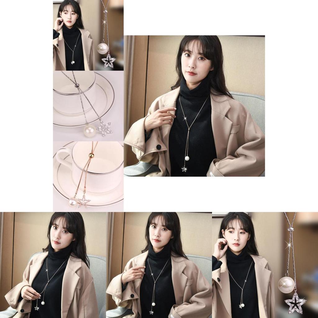 Модное ожерелье на длинной цепочке с кулоном в форме звезды и жемчугом, сверкающий дизайн