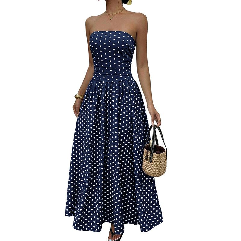 Womens Polka Dots Strapless Summer Dresses, Elastic Back Smocked Beach Vacation Outfits Vintage Elegant Maxi Dress