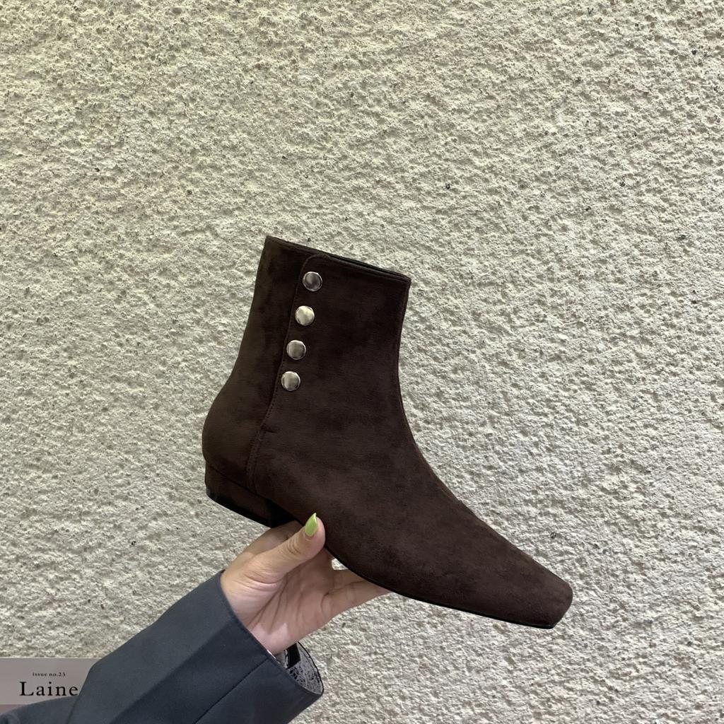 French square head thin boots women's 2025 super fire small short boots Maillard brown low heel knight boots black short boots