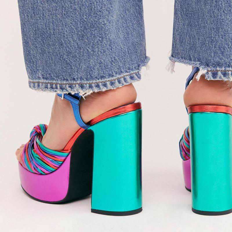 Брендовые разноцветные тканые подиумные сандалии, женская обувь на высоком каблуке с открытым носком на платформе, большой размер 43, банкетные туфли на толстом каблуке