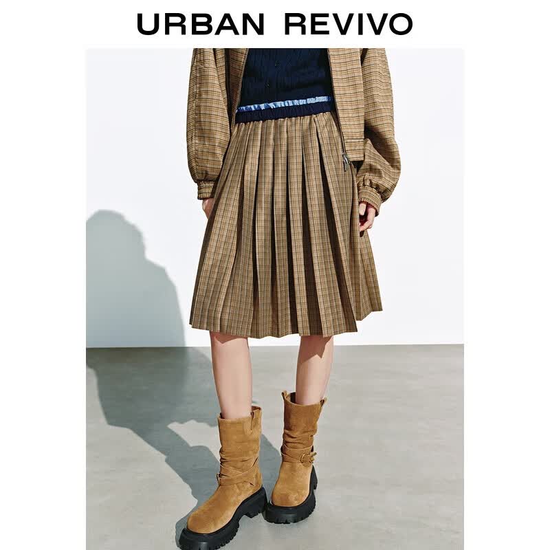 UR Women's Vintage Plaid A-Line Skirt with Contrast Waist