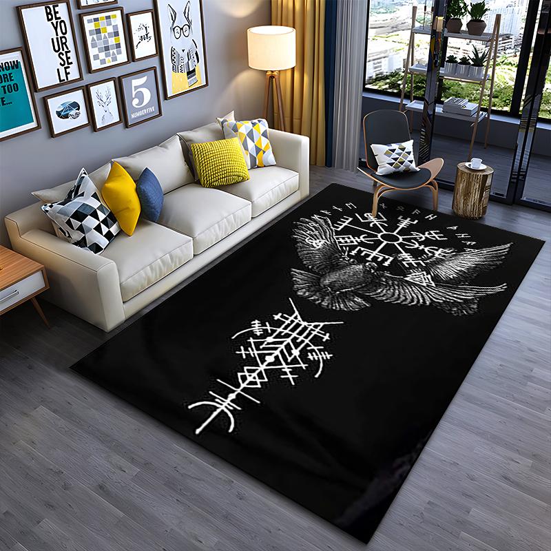 Spiritual Area Rug, Viking Raven Vegvisir Rune White Black Poster, Living Room Decor, Non-Slip Mat