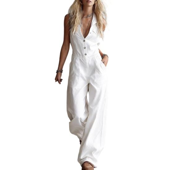 Summer Women Jumpsuit V Neck Sleeveless Front Button Casual Loose Wide Leg Pants Ladies Long Romper Overall with Dual