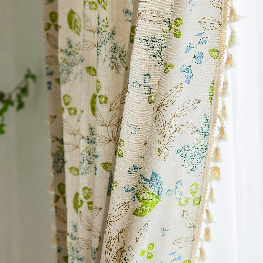 Pocket Curtains, Cute Green Leaves, Flowers, Cotton And Linen, Japanese-Style Korean Short Curtains, Coffee, Half Curtains, Small Windows, Cupboards