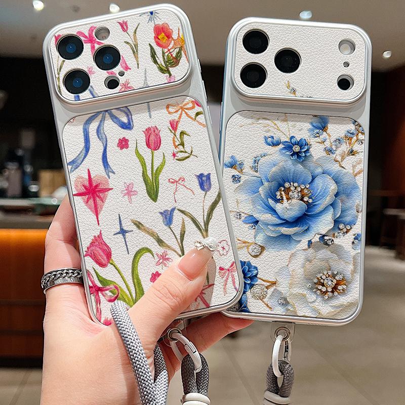Кожаный чехол-шнурок с мелким цветочным узором для iPhone 18 Pro Max 17 16 15 14 13 Pro Max Роскошный гибридный чехол из ТПУ+ПУ Противоскользящий Мягкий чехол для телефона