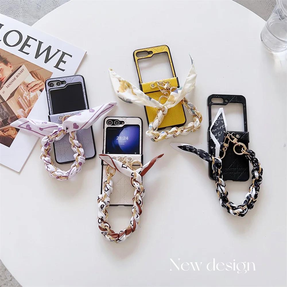 Wrist Strap Chain Silk PU Leather Phone Case for Samsung Galaxy Z Flip 6 5 4 3 Flip5 Flip4 Flip3 5G Protective Shockproof Cover