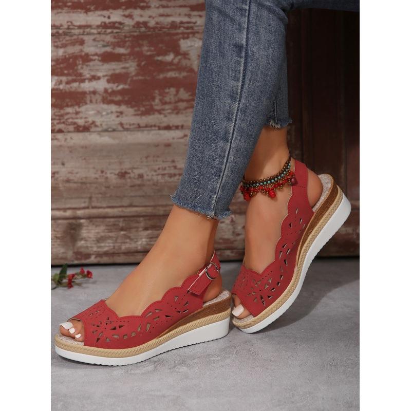 Sandals new summer breathable hollow casual sandals fish mouth buckle with thick bottom wedge heel large size sandals