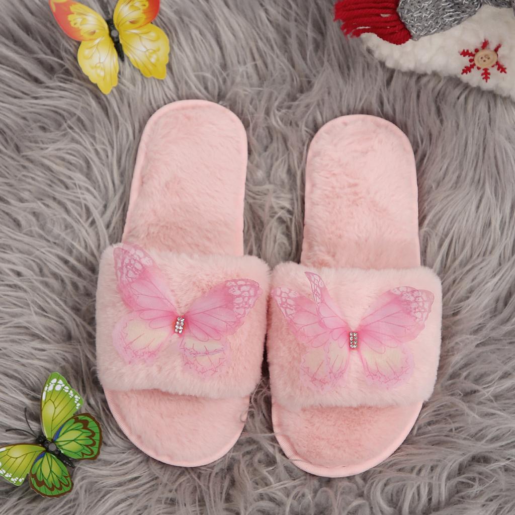 Soft Fluffy Fur Slippers Women Winter House Warm Furry Slippers Women Flip Flops Butterfly Home Slides Flat Indoor Floor Shoes