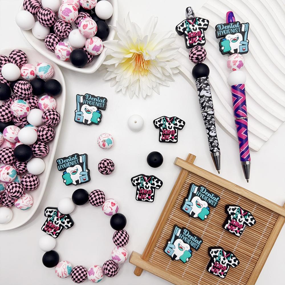 34Pcs Dental Care Theme Silicone Beads Set DIY Beaded Necklace Bracelet Decoration Pen Jewelry Pendant Etc. Holiday Birthday Gift
