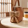 Leopard Pattern Charm Print Plush Bow Keychain, Fluffy Bowknot Bag Ornament with Lobster Clasp, Women Girls Handbag Decorative Accessory Metal