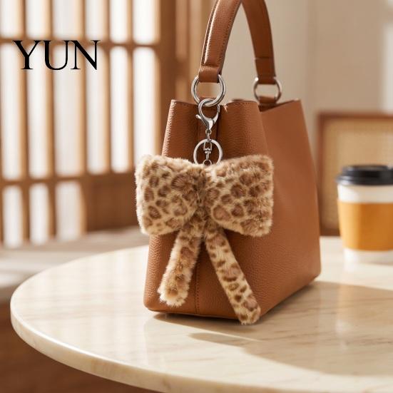 Leopard Pattern Charm Print Plush Bow Keychain, Fluffy Bowknot Bag Ornament with Lobster Clasp, Women Girls Handbag Decorative Accessory Metal