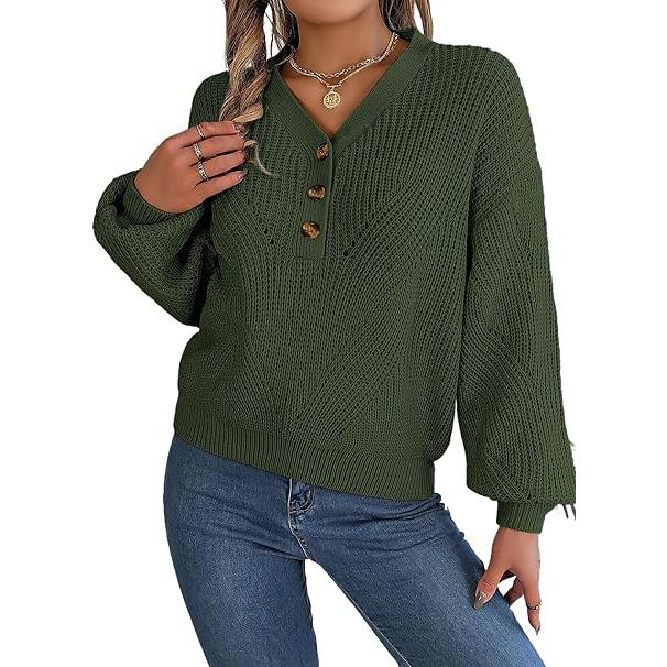 Женский свитер оверсайз с V-образным вырезом и длинными рукавами, ажурный пуловер, толстовка с пуговицами, топ