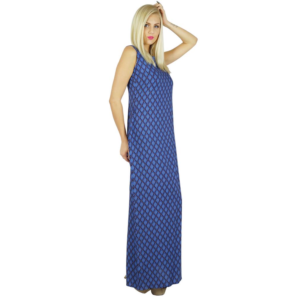 Bimba Women Blue Long Maxi Dress Bohemian Casual Clothing Summer Gown