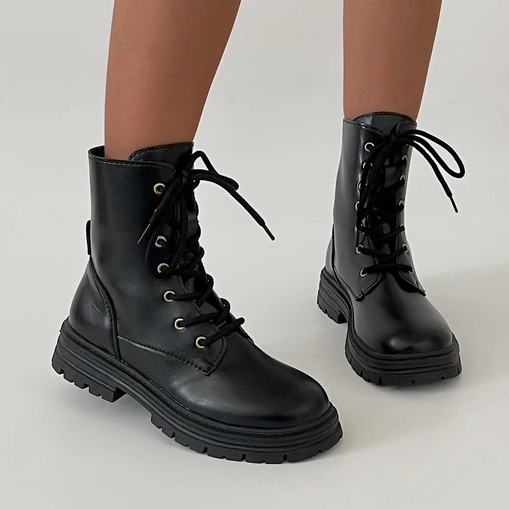 Ботильоны Rimocy из черной искусственной кожи для женщин на низком каблуке со шнуровкой, модные женские нескользящие ботильоны на платформе