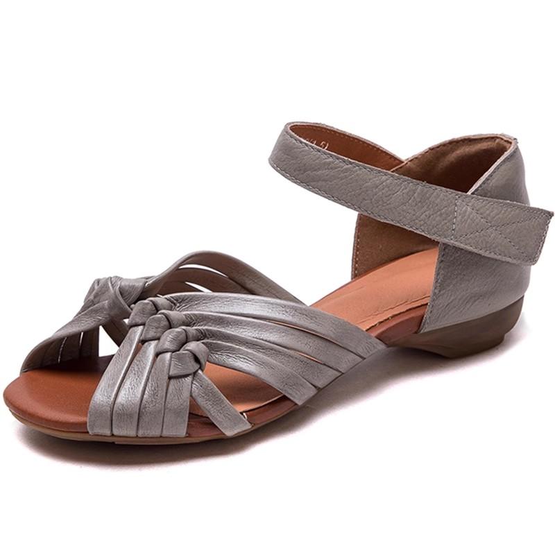 Fashion GKTINOO 2025 Summer New Peep Toed Hollowed Out Hand Woven Flat Sandals Genuine Leather Retro Low Heel Women's Shoes