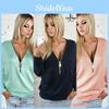 Fashion Women Full Sleeve Sexy Deep V Neck Blouse Plus Size Zipper Sweater