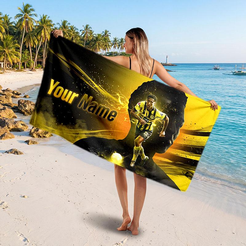 Jude Bellingham Custom Beach Towel, Personalized Name Text Print, Football Logo Soft Quick‑Dry Towel Holiday Gift