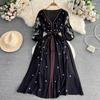 Women Spring Summer Dress Vintage Ethnic Beach Vacation V-neck Embroidered Waist Slim Mid Long Dresses