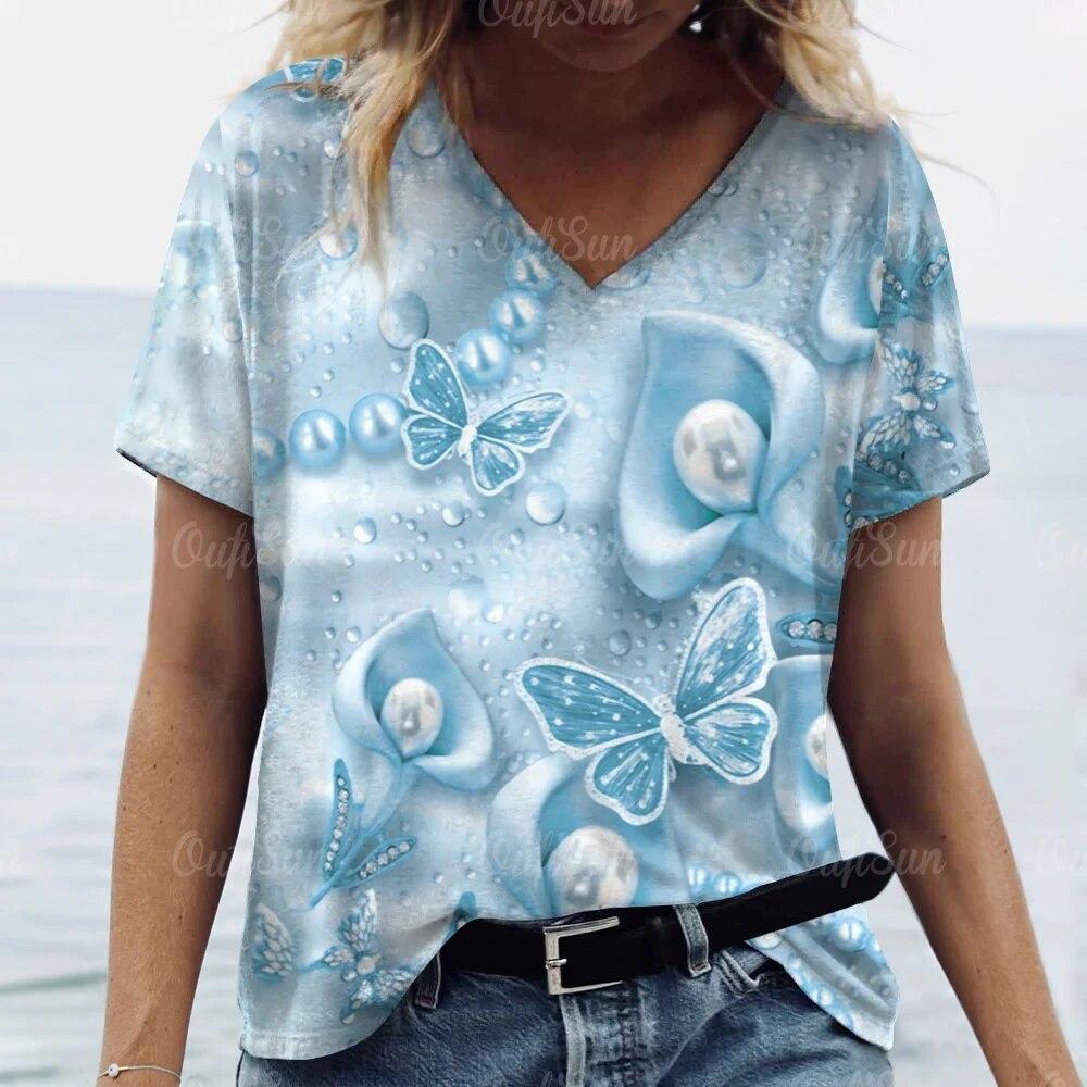 Топ женская футболка летняя мода с цветочным принтом бабочки футболки с короткими рукавами футболка с v-образным вырезом для женской одежды больших размеров