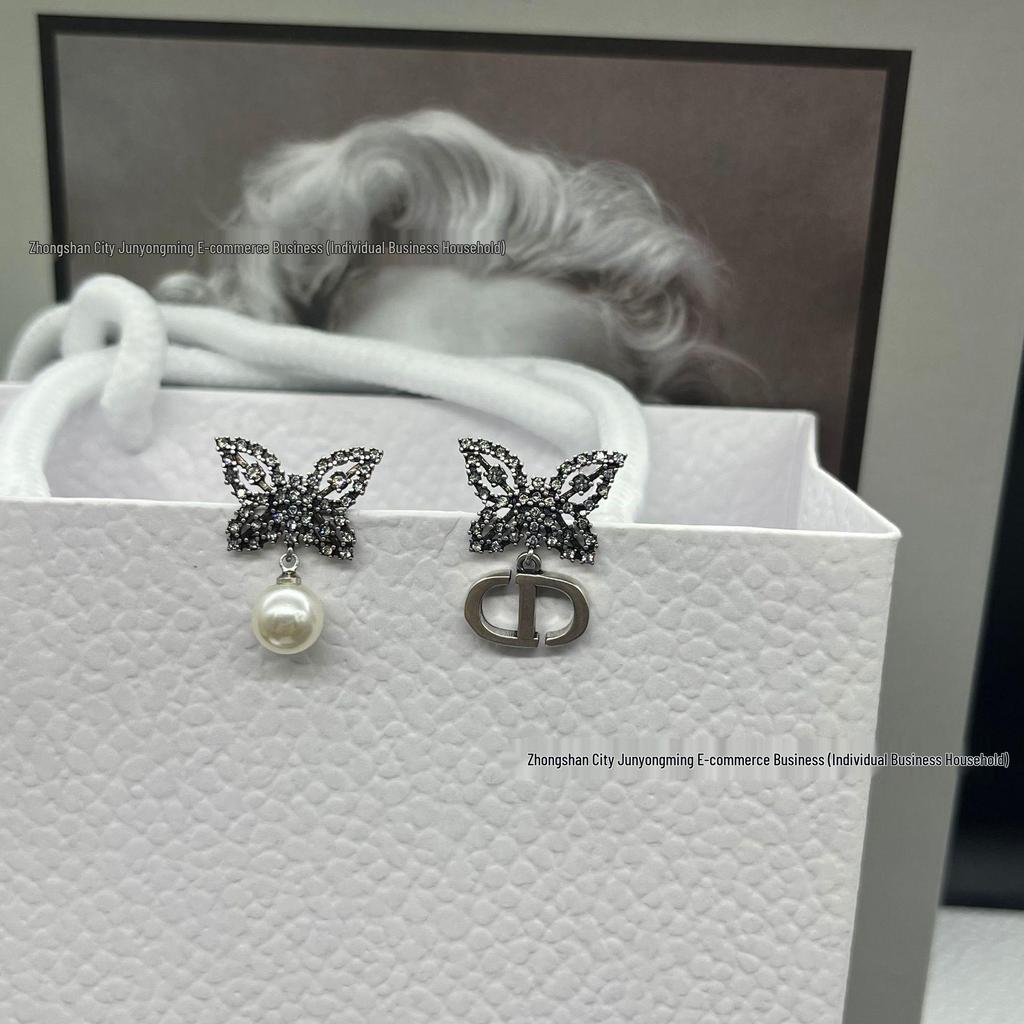 Черно-золотые серьги-гвоздики CD с кисточками, бриллиантами, жемчугом и бабочками - Женская высококлассная мода