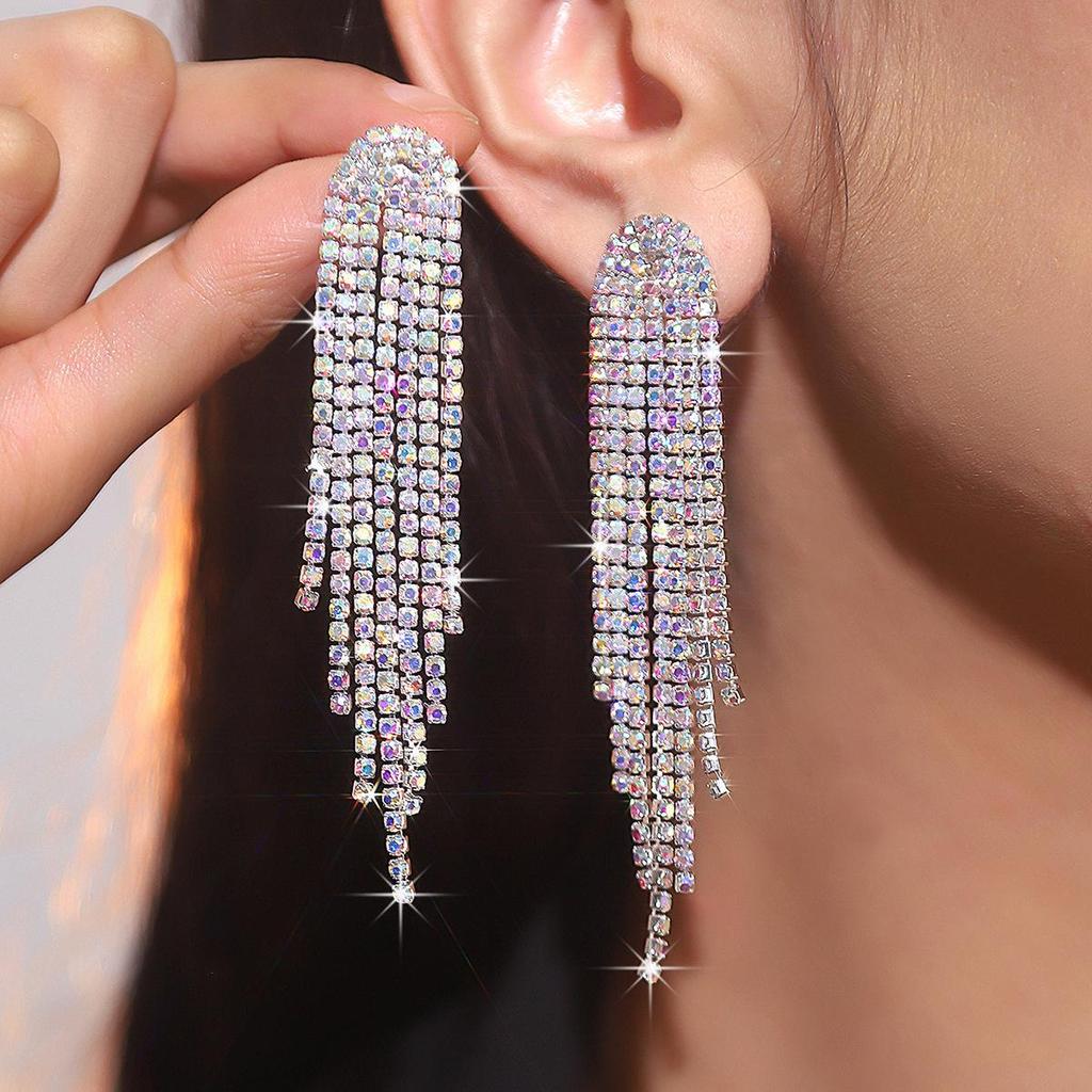 Premium Luxury Super Sparkle Rhinestone Long Tassel Earrings Women's Fashion Temperament Studded Earrings