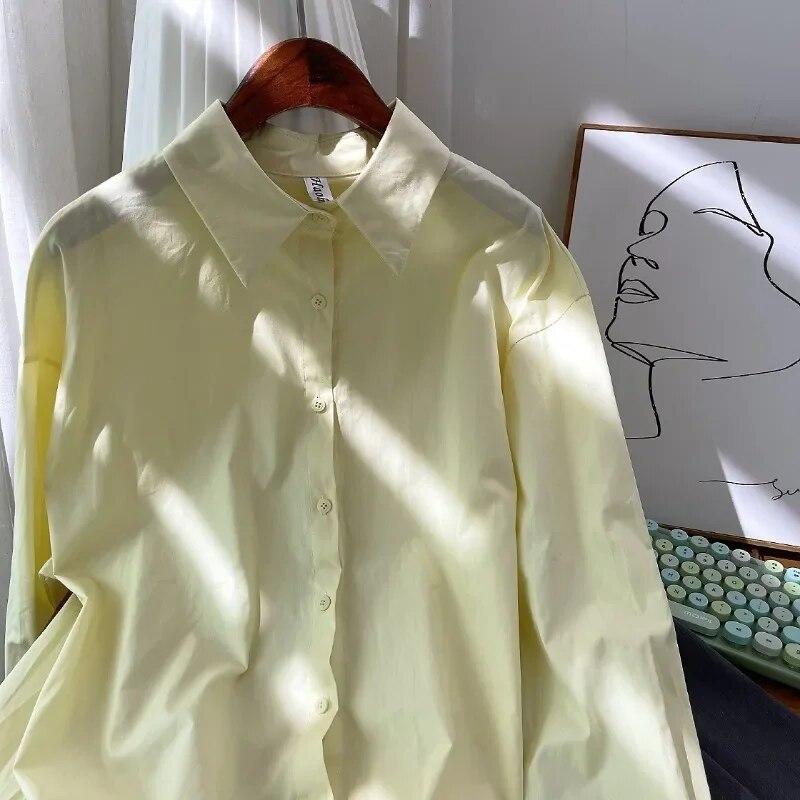 Autumn Korean Fashion Solid Simple Long Sleeve Shirt Women Cotton Blouse Turn Down Collar Tops Loose Clothes Blusas 29622